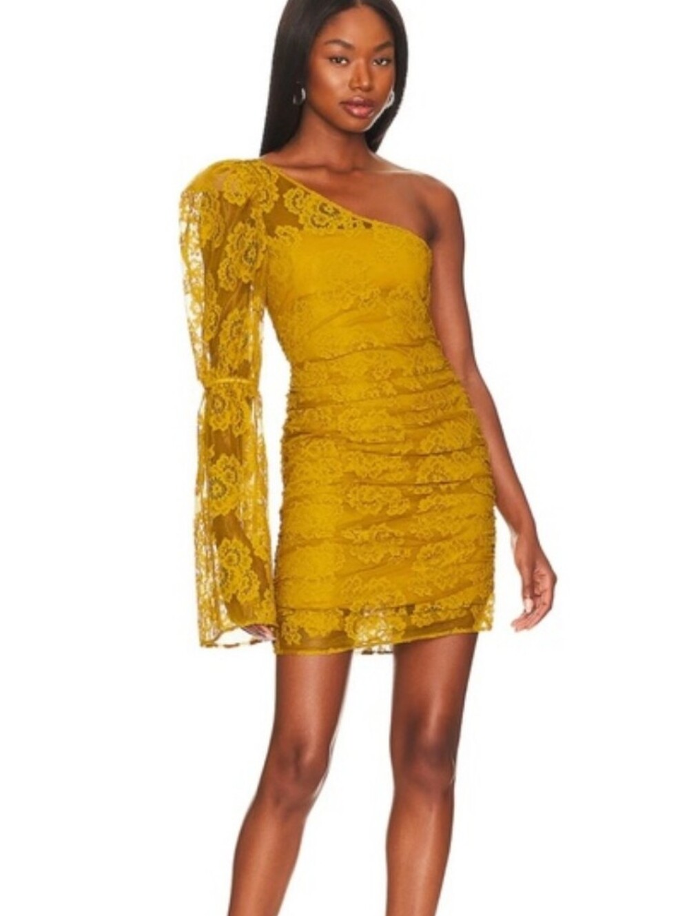 For Love & Lemons Tiana Mustard One-Shoulder Lace Mini Dress